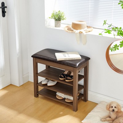 NicBex 24"/39.5" Adjustable Height Shoe Bench with Storage,Entryway Bench with PU Leather Seat,Multi-Functional Natural Rubber Wood Shoe Rack