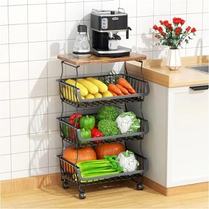 FURNIinspire Kitchen Holder Metal Baskets with Wheels Stackable Storage Organizer for Dining Room Bathroom Fruit Cart, Black, 16.38"*12.09"*6.24" - 1 of 4