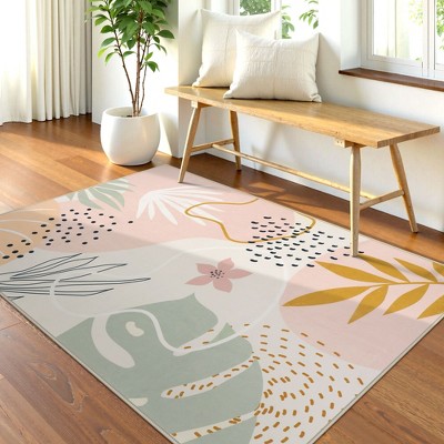 Lahome Machine Washable Area Rugs Non-Slip Large Living Room Rug Boho Botanical Print Ultra-Thin Indoor Rug for Classroom Nursery Dining Room