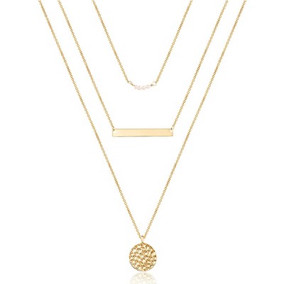 Turandoss 4 Pieces Dainty Layered Choker Necklace for Women, 14K Gold Plated Y Pendant, Bar Disc, 16+2.5/18+2.5/22+2.5/27+2.5In