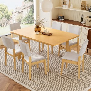 JANSNO 7-Piece Modern Dining Set with Solid Wood Rectangular Table & Linen Upholstered Chairs - 1 of 4
