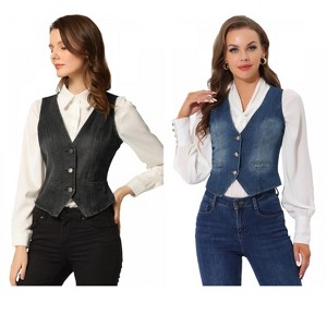 INSPIRE CHIC Women's Denim Sleeveless V Neck Button Down Casual Waistcoat Vest 2 Packs - 1 of 4