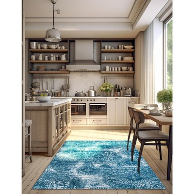 Blue and White Synthetic Low Pile Bohemian Area Rug