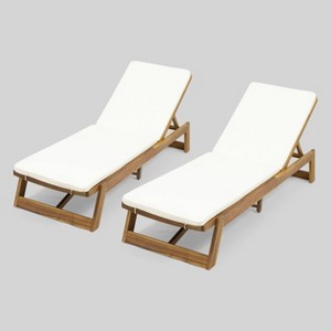 Maki 2Pk Acacia Wood Chaise Lounge Teak/Cream - Christopher Knight Home: Weather-Resistant, Adjustable Back - 1 of 4
