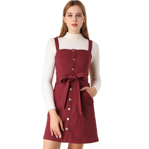 Allegra K Women s Classic Adjustable Strap A Line Overall Denim Dress Wine Red Medium