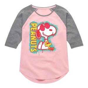 Girls' - Peanuts - Peanuts Snoopy Woodstock Shirt Tail Raglan Graphic T-shirt - 1 of 4