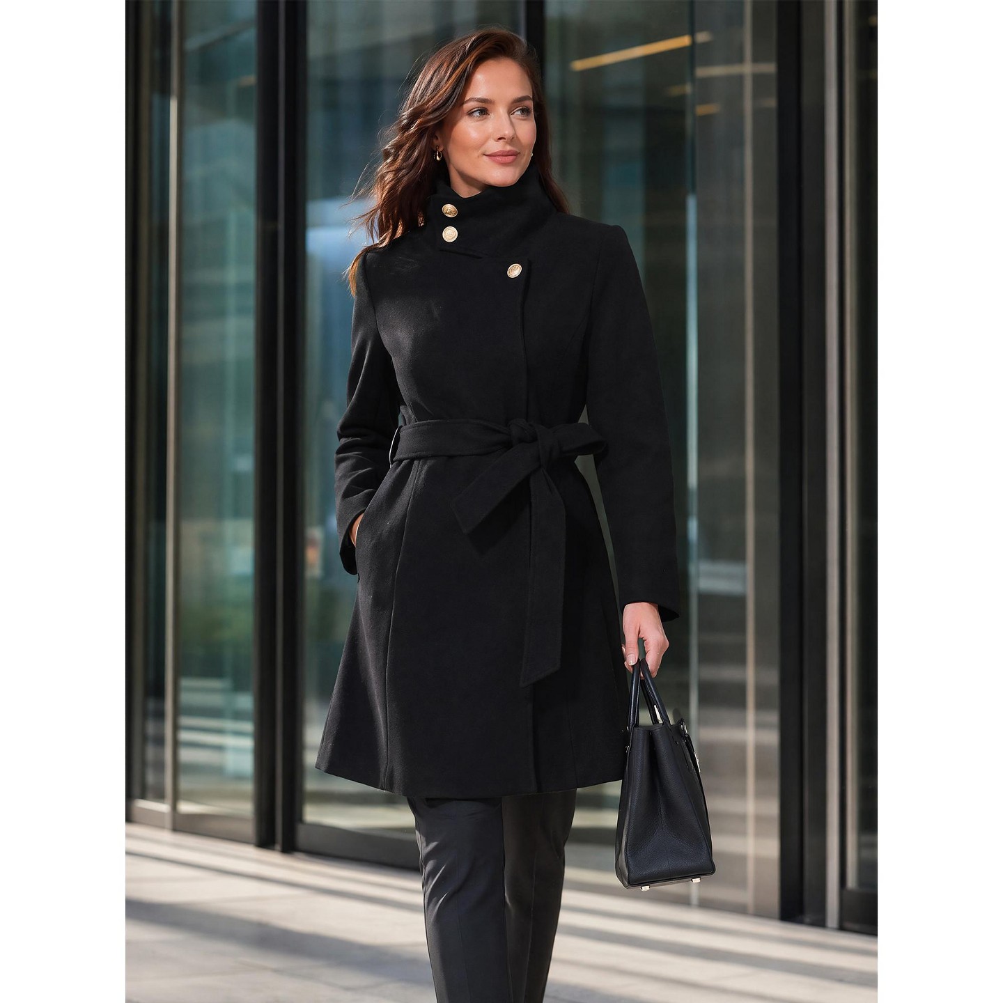 Женская куртка INSPIRE CHIC Single Breasted Long Sleeve Winter Warm Stand Collar Outerwear Pea Coat Large Purple, цвет: Чёрный — фото 3