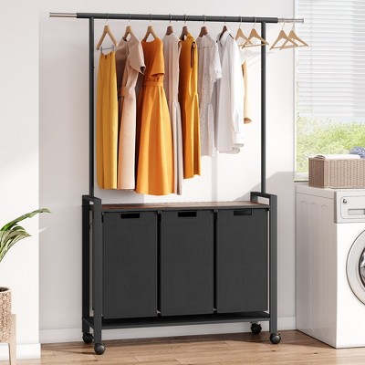 Whizmax Laundry Sorter 3 Section Laundry Hamper Sorter with Clothes Hanging Rod and Wooden Storage Shelf for Laundry Room, Black