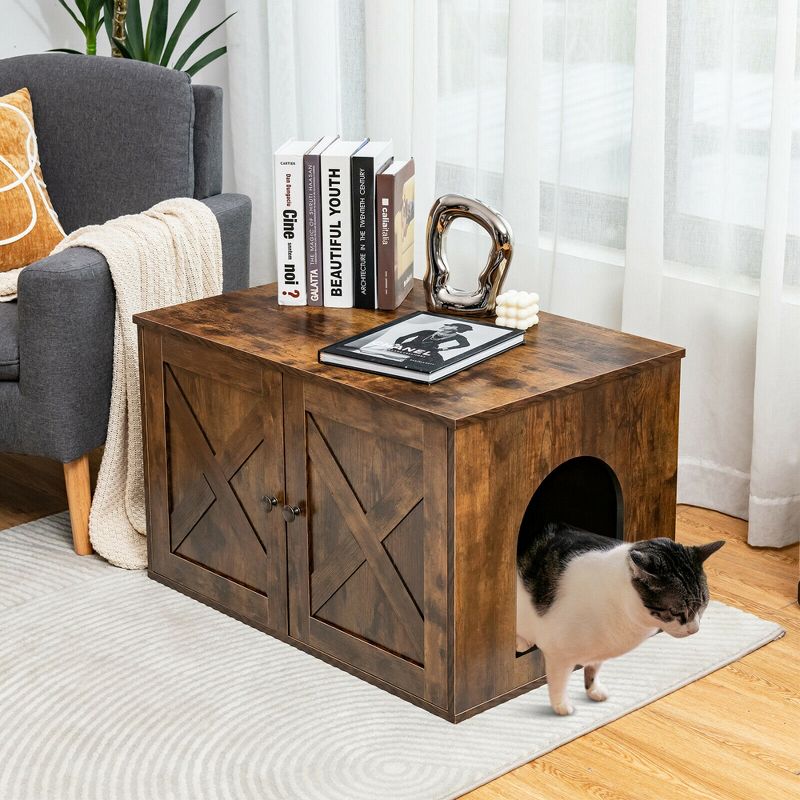 Costway Wooden Cat Litter Box Enclosure Hidden Cabinet Furniture w/ Divider Pet House, 4 of 11