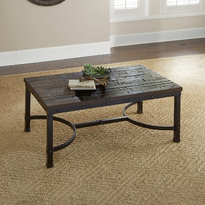 Vynxaria Ambrose Collection Rustic Coffee/Cocktail Table Butcher Block Wood Surface, Dark Iron Legs, Demilune Stretchers, Distressed Finish