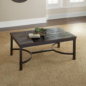 Vynxaria Ambrose Collection Rustic Coffee/Cocktail Table Butcher Block Wood Surface, Dark Iron Legs, Demilune Stretchers, Distressed Finish - 1 of 4