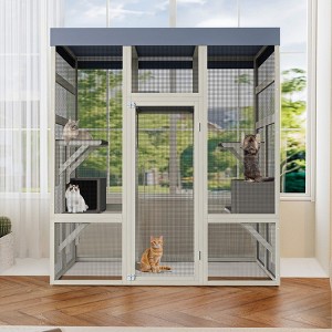 ORRD 62.6" Outdoor Wooden Catio – Large Cat Enclosure w/ Waterproof Roof, 2 Houses & Platforms, Rust-Proof - 1 of 4