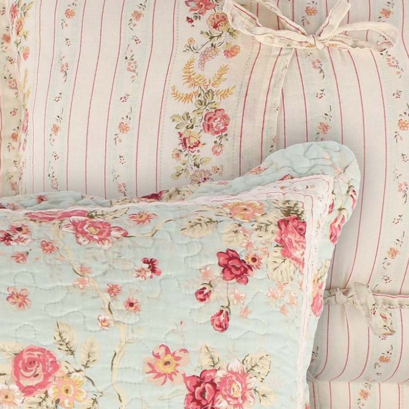 Greenland Home Antique Rose Floral Pinstripe Print with Dainty Scrolling Floral Sham King Blue, 5 of 6