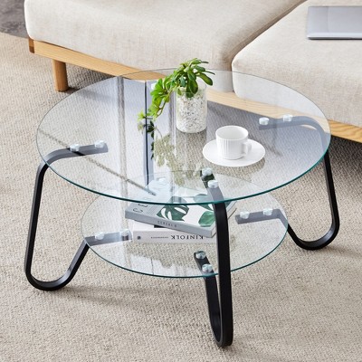 Dolonm Retro Minimalist Metal Frame Glass Coffee Table, 31.5" L x 31.5" W x 17.7" H