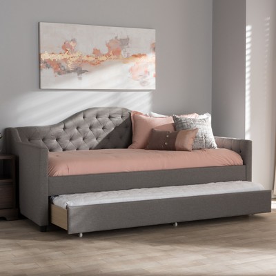 Light Gray Twin Upholstered Daybed with Tufted Headboard and Trundle