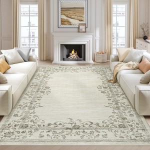 Vintage Area Rugs,Washable Bordered Floral Print Accent Carpet with Non-Slip Backing,Oriental Distressed Indoor Mat for Living Room, Kitchen, Bedroom - 1 of 4