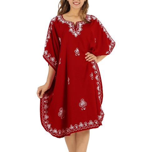 LA LEELA Women's House Daily Routine Evening Wear Holiday Casual Solid Casual Relaxed Caftan Mini Cover Up Evening Dresses for Women 2X-3X Red, Solid - image 1 of 4