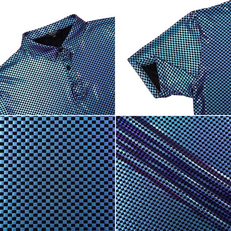 Men's Disco Costume Sliver Sequins Party Shirt Short Sleeve Nightclub Prom 70s T-Shirt Blue Black L, 5 of 7