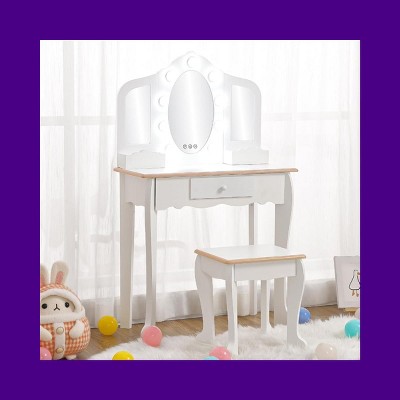 Garvee Kids Vanity with 3 Mirrors and Stool, Girls Vanity with Wood Makeup Playset, Princess Vanity Table for Toddlers, White