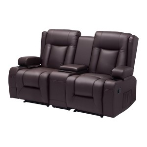 VEVOR Loveseat Recliner Sofa, Manual Reclining Couch with Center Console, PU Faux Leather Recliner Sofa with USB Ports, Cup Holders ,Brown - 1 of 4
