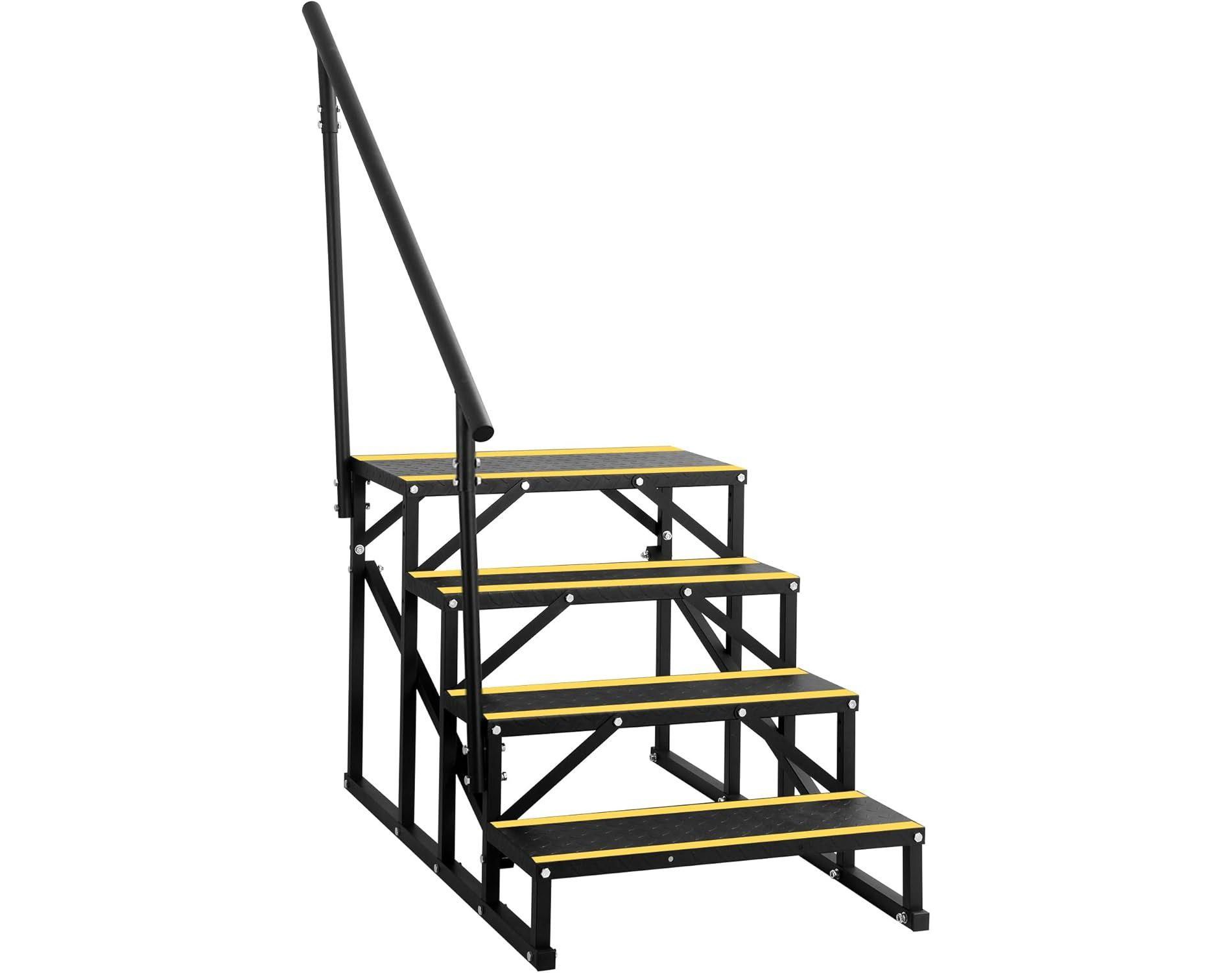 4 Step RV Stairs with Handrail, RV Steps Ladder Hot Tub Steps, Portable Metal Camper Steps Mobile Home Stairs with Non-Skid Tapes for Mobile Home,