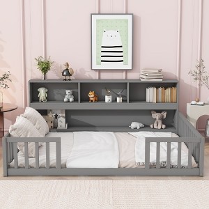 Nicbex Full Floor Bed with Bedside Bookcase,Montessori Bed Frame with Safety Guardrails and Slats,Sturdy Wood Playhouse Montessori Bed for Kids,Gray - 1 of 4