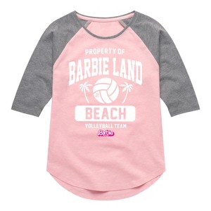 Girls' - Barbie - Property of Barbie Land Beach Volleyball Team Shirt Tail Raglan Graphic T-shirt - 1 of 4