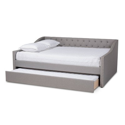 Light Gray Upholstered Full Daybed with Trundle and Nailhead Trim