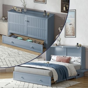 Mjkone Queen Murphy Bed Cabinet with Built-in Charging Station, Drawers, Folding Mattress for Bedroom Guest Room - 1 of 4