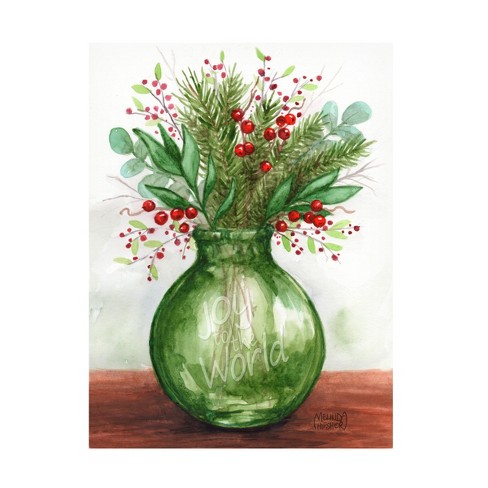 Melinda Hipsher Joy To The World Christmas Green Glass Vase Canvas Art ...