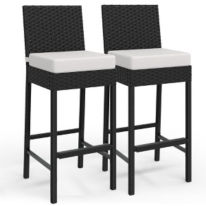 Outdoor Wicker Bar Stools Set of 2, Armless Outdoor Rattan Barstools with Cushions, for Backyard, Poolside - 1 of 4