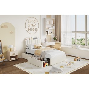 COZONY Upholstered Platform Bed Frame with  Storage Drawers & Bookcase Headboard, Boucle Bed for Kids/Teens, Noise-Free & Easy Assembly - 1 of 4