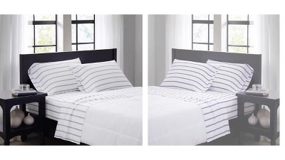 White and Grey Ticking Stripe Full Microfiber Sheet Set