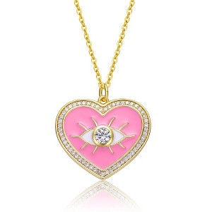 Young Adults/Teens 14k yellow gold plated pendant necklace with clear cubic zirconia, pink enamel heart, and evil eye charm - 1 of 3