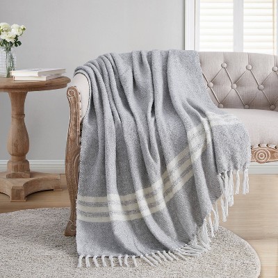 Black Striped Cream Cotton Blanket / Fringe Blanket Farmhouse popular Decor