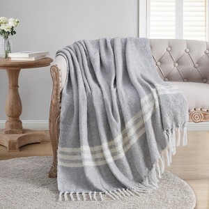 VCNY 50"x60" Tanya Striped Cotton-Rich Throw Blanket Gray/Ivory: Hypoallergenic, Microfiber Farmhouse Decor - 1 of 4