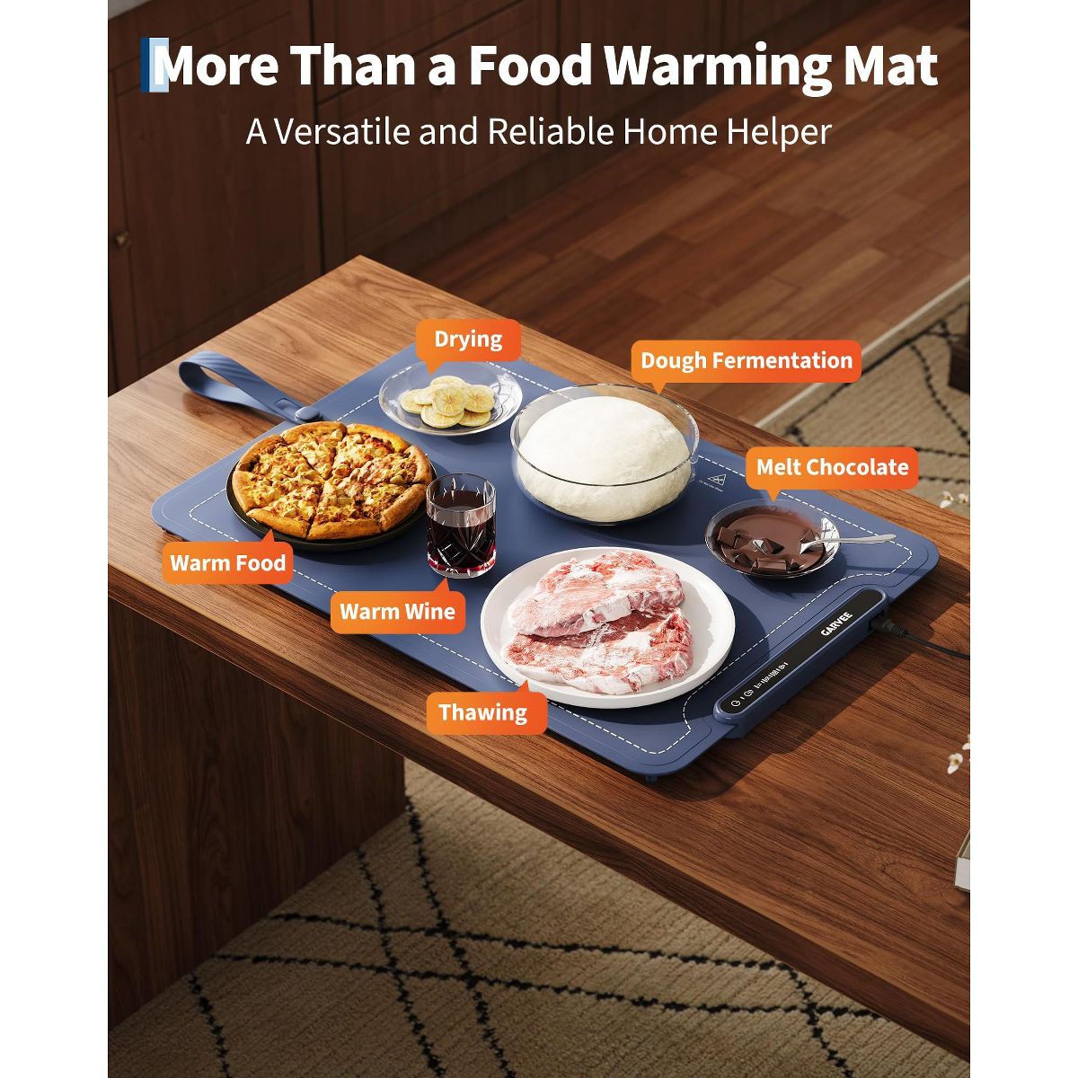 Garvee 24"x16" Electric Food Warming Mat, 3 Temps, 6H Timer, 250W, Child Lock, Auto Shut-Off – Rollable Silicone Warmer for Kitchen, Buffet, Parties - thumbnail 4
