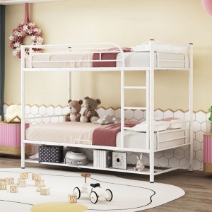 Twin-Over-Twin Metal Bunk Bed with Shelf and Safety Guardrails - 1 of 4