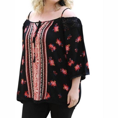 Women's Floral Twin Print Cold Shoulder Top - PLUS - ANGIE