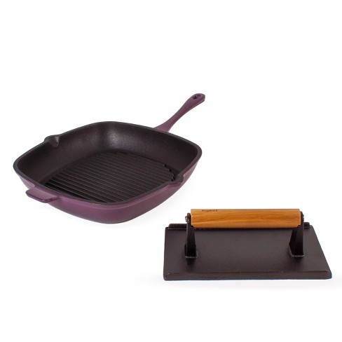 MegaChef 11 Square Enamel Cast Iron Grill Pan with Matching Grill Press in Red