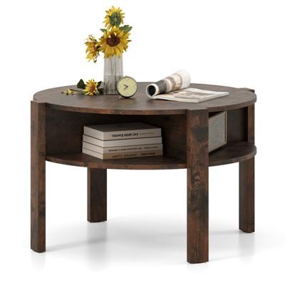 Tangkula 29.5" 2-Tier Round Coffee Table w/ Storage 4 Shelves Faux Wooden Top