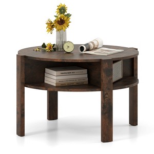 Tangkula 29.5" 2-Tier Round Coffee Table w/ Storage 4 Shelves Faux Wooden Top - 1 of 4