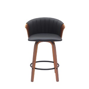 HomeRoots 26" Black and Wood Brown Faux Leather with Solid Wood Swivel Counter Height Bar Chair - 1 of 4