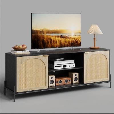 Homhougo TV Stand for 65 Inch TV, Entainment Center with Storage Cabinets, Rattan TV Console with Adjustable Shelf Black