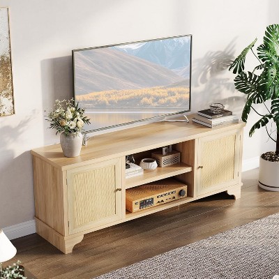 Rattan TV Stand Fits TVs Up to 70", Entertainment Center with 2 Cabinets and Open Shelves, Wooden Media Console Table for Living Room