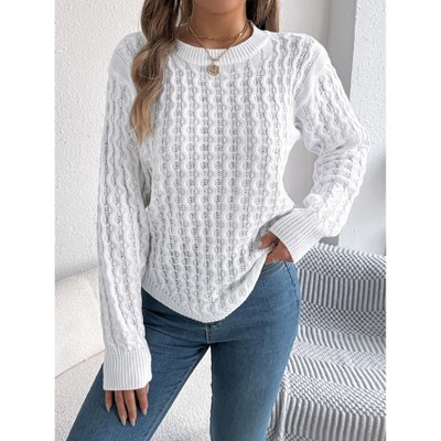 Women's Solid Knit Cable Sweater Casual Long Lantern Sleeve Pullover Crew Neck Knitted Tops