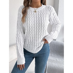 Women's Solid Knit Cable Sweater Casual Long Lantern Sleeve Pullover Crew Neck Knitted Tops - 1 of 4