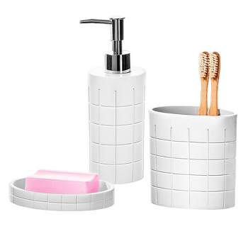 Creative Scents Polar White 3 Pcs Bathroom Set - Features: Soap Dispenser, Toothbrush Holder, and Soap Dish