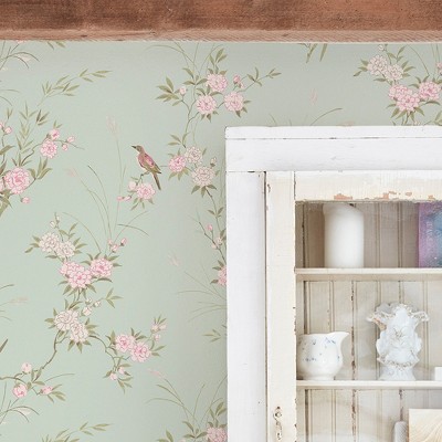 Green Floral Bird Chinoiserie Non-Pasted Wallpaper