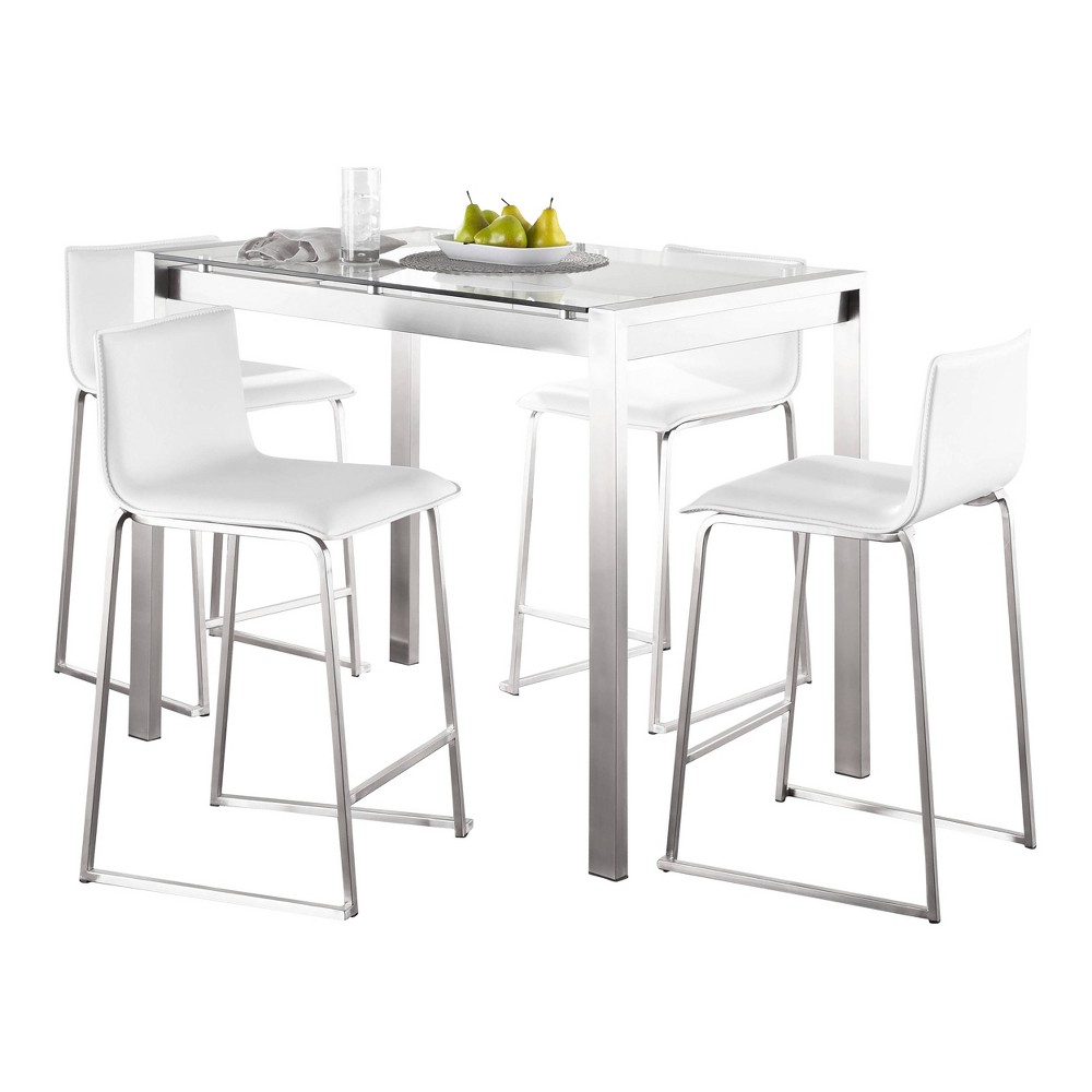 Photos - Dining Table LumiSource 5pc Fuji Mara Counter Height Dining Set Stainless Steel Glass/White PU Leather